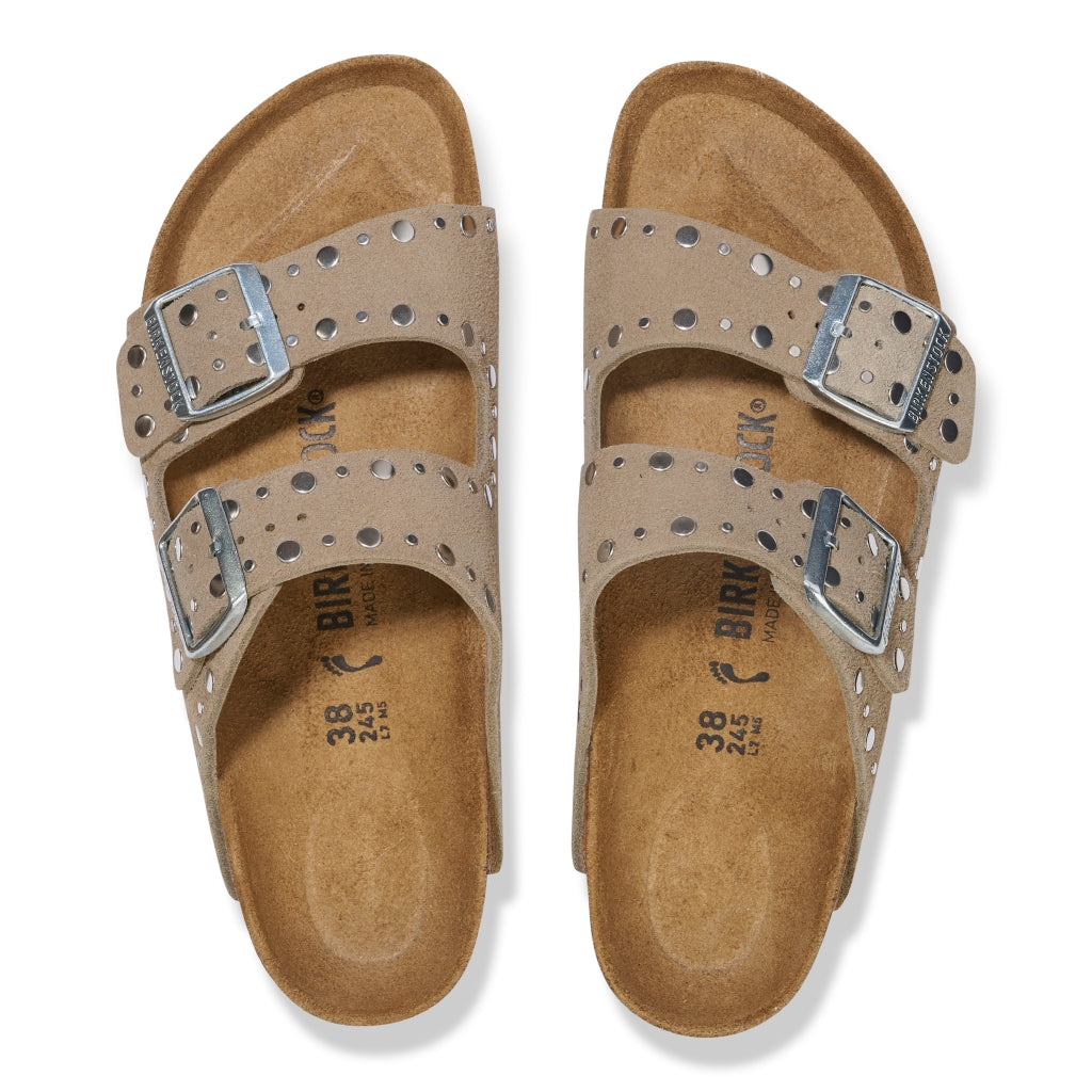 BIRKENSTOCK ARIZONA SUEDE TAUPE RIVET BORDER BORCHIA