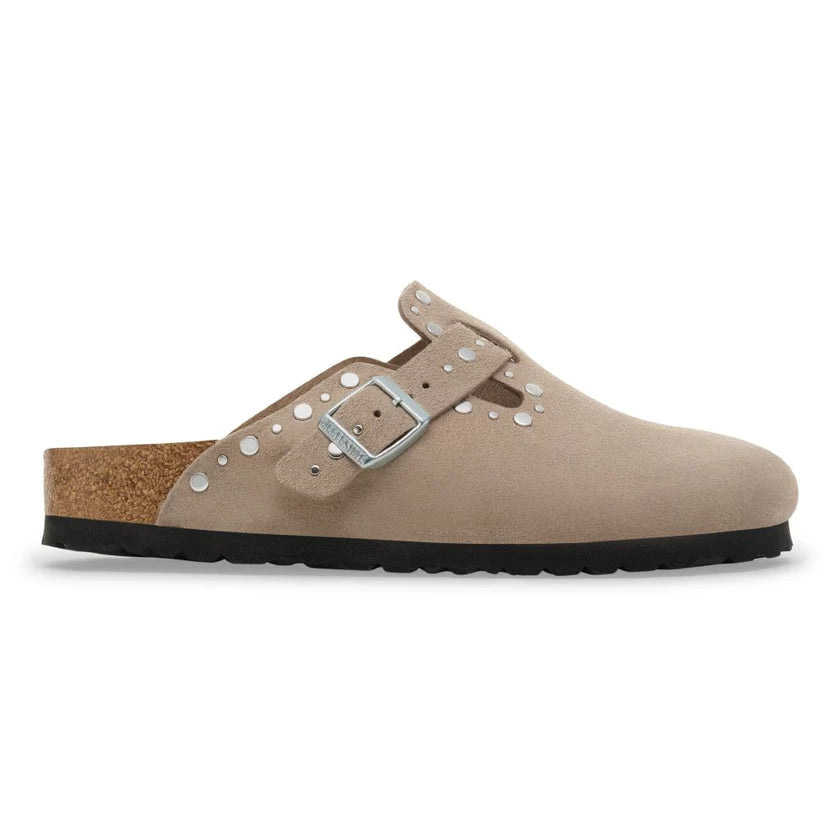 BIRKENSTOCK BOSTON RIVET BORDER SUEDE TAUPE