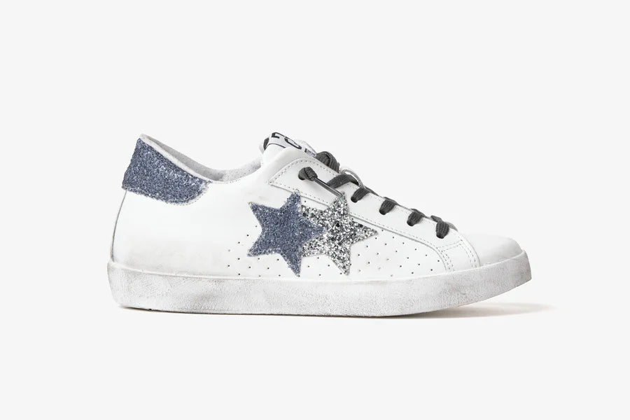 2STAR SNEAKER PRIME STAR IN PELLE EFFETTO USED WHITE BLU