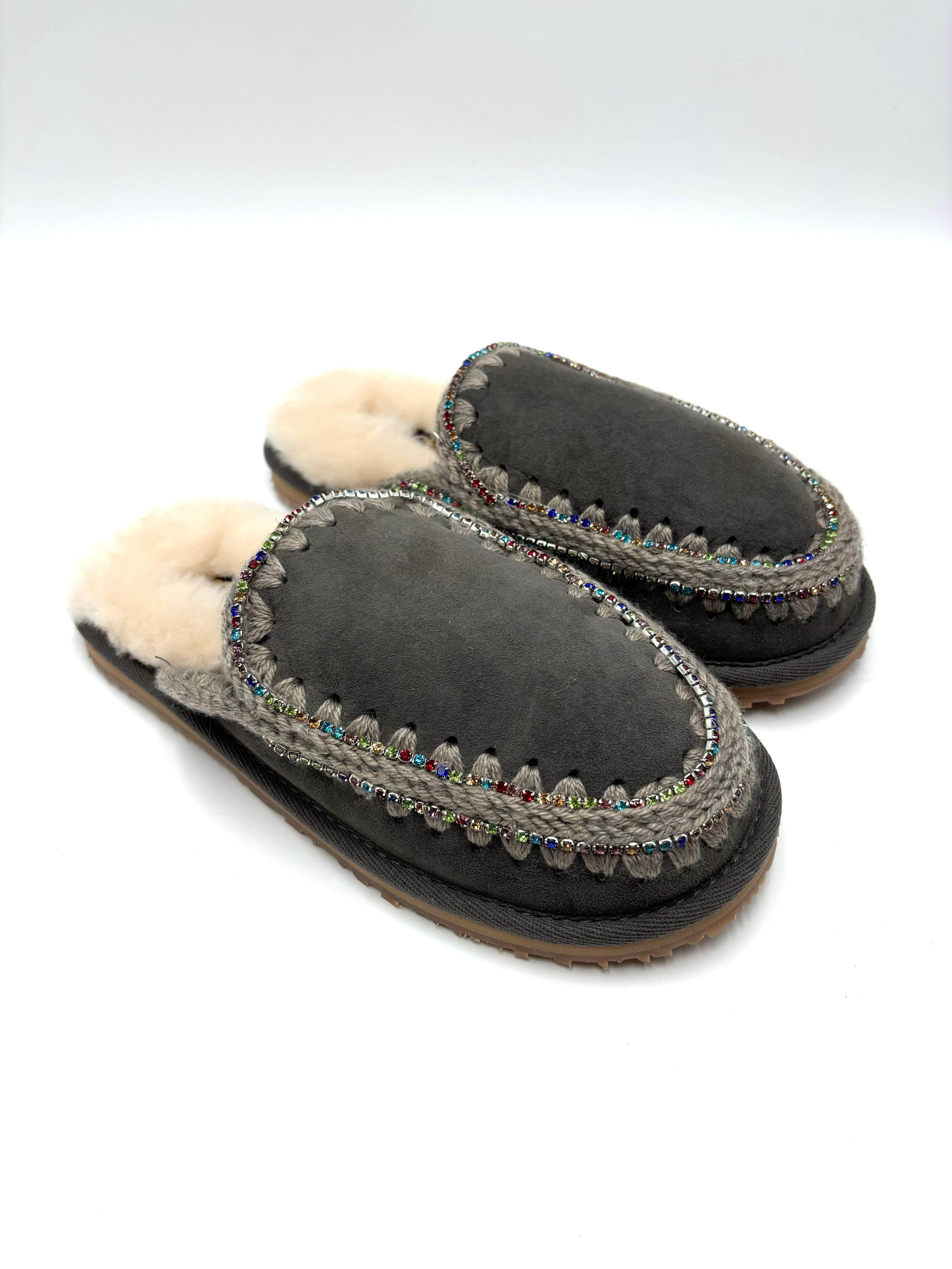 MOU SUEDE ESKIMO SLIPPER RHINESTONES CHA GRIGIO