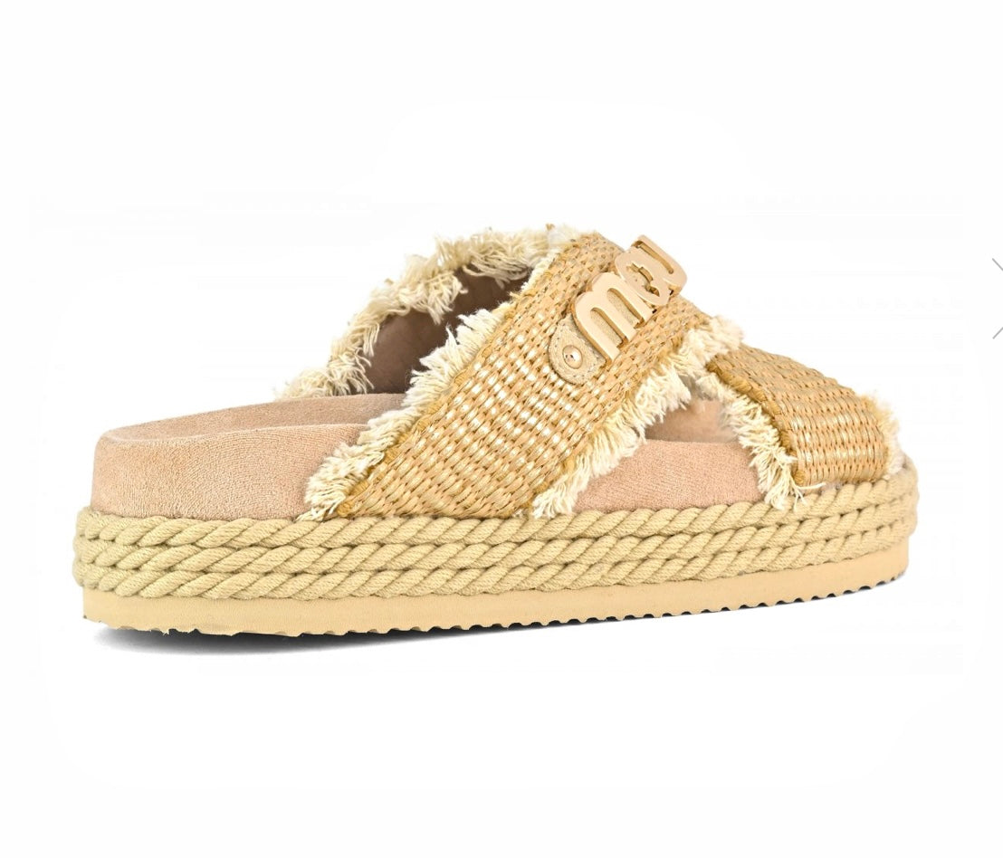 MOU CIABATTONE CRISS CROSS ROPE RAFFIA SANDAL METAL NATURAL