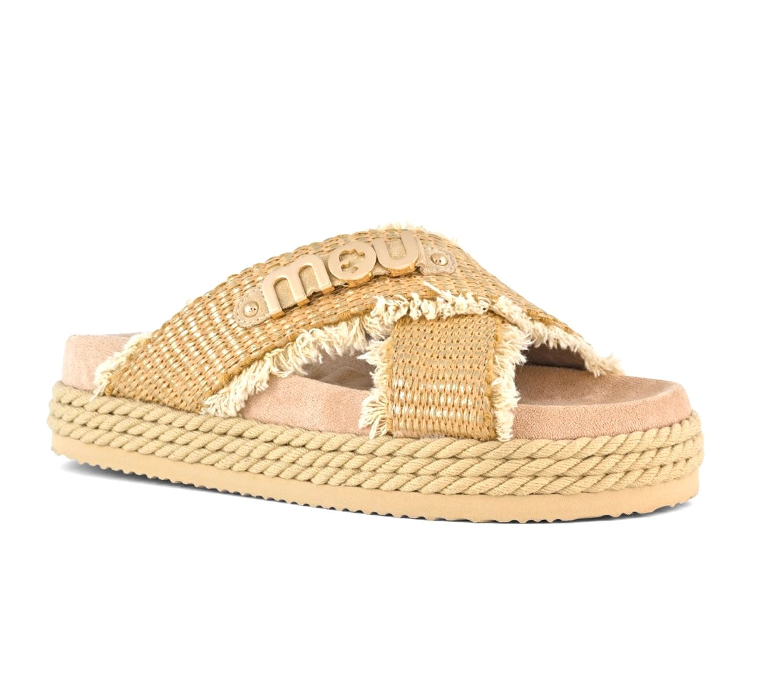 MOU CIABATTONE CRISS CROSS ROPE RAFFIA SANDAL METAL NATURAL