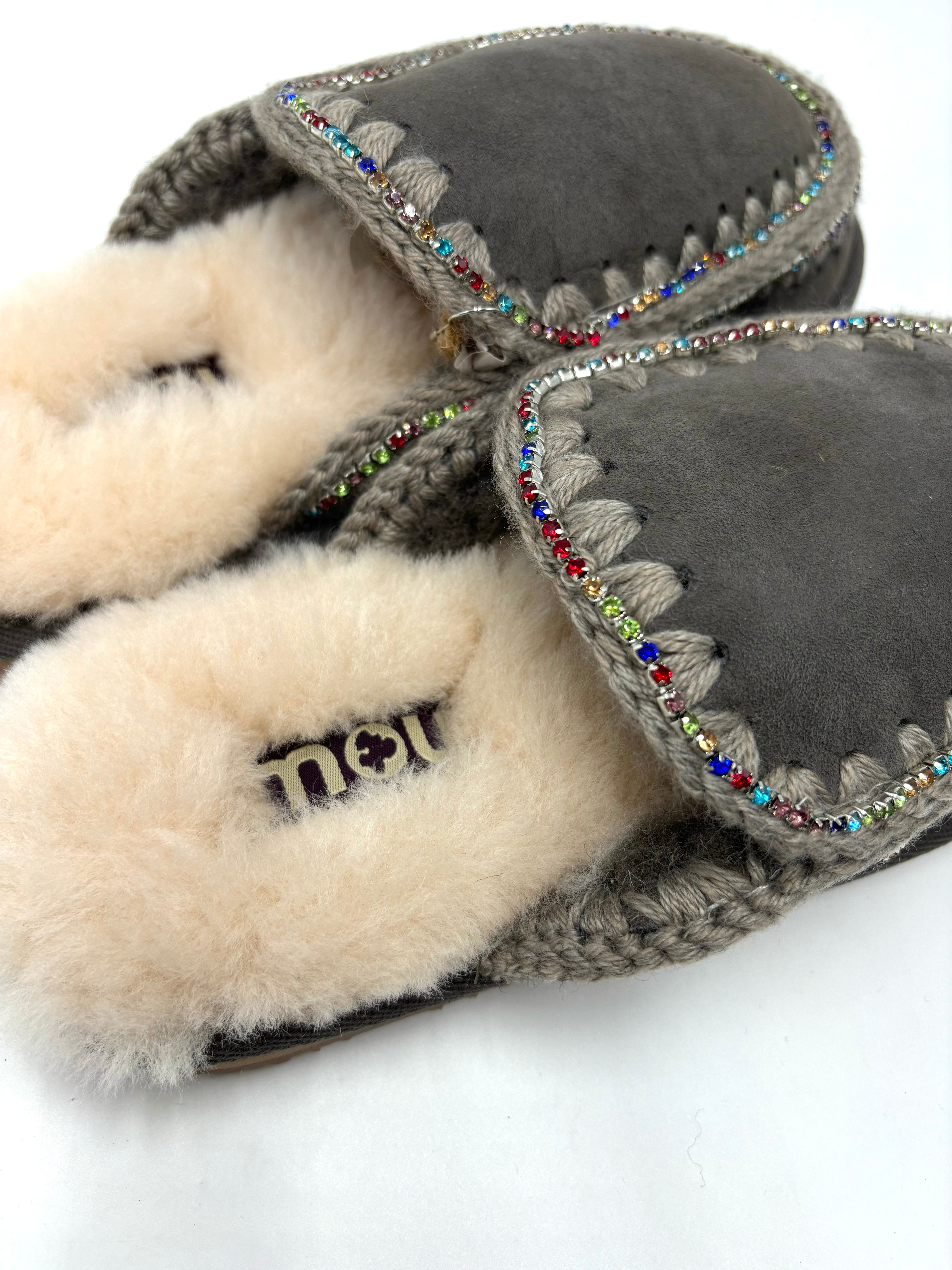MOU SUEDE ESKIMO SLIPPER RHINESTONES CHA GRIGIO