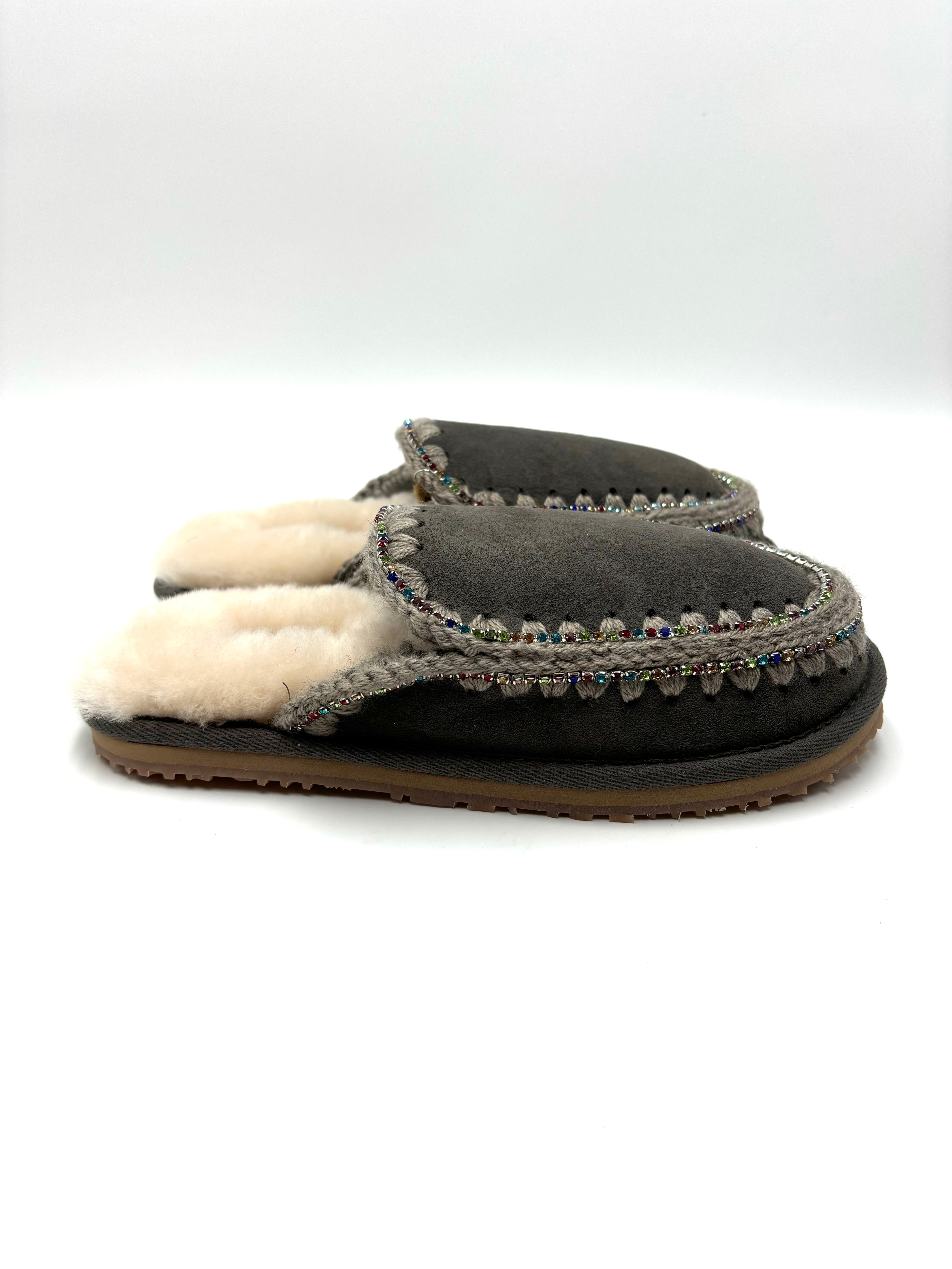 MOU SUEDE ESKIMO SLIPPER RHINESTONES CHA GRIGIO
