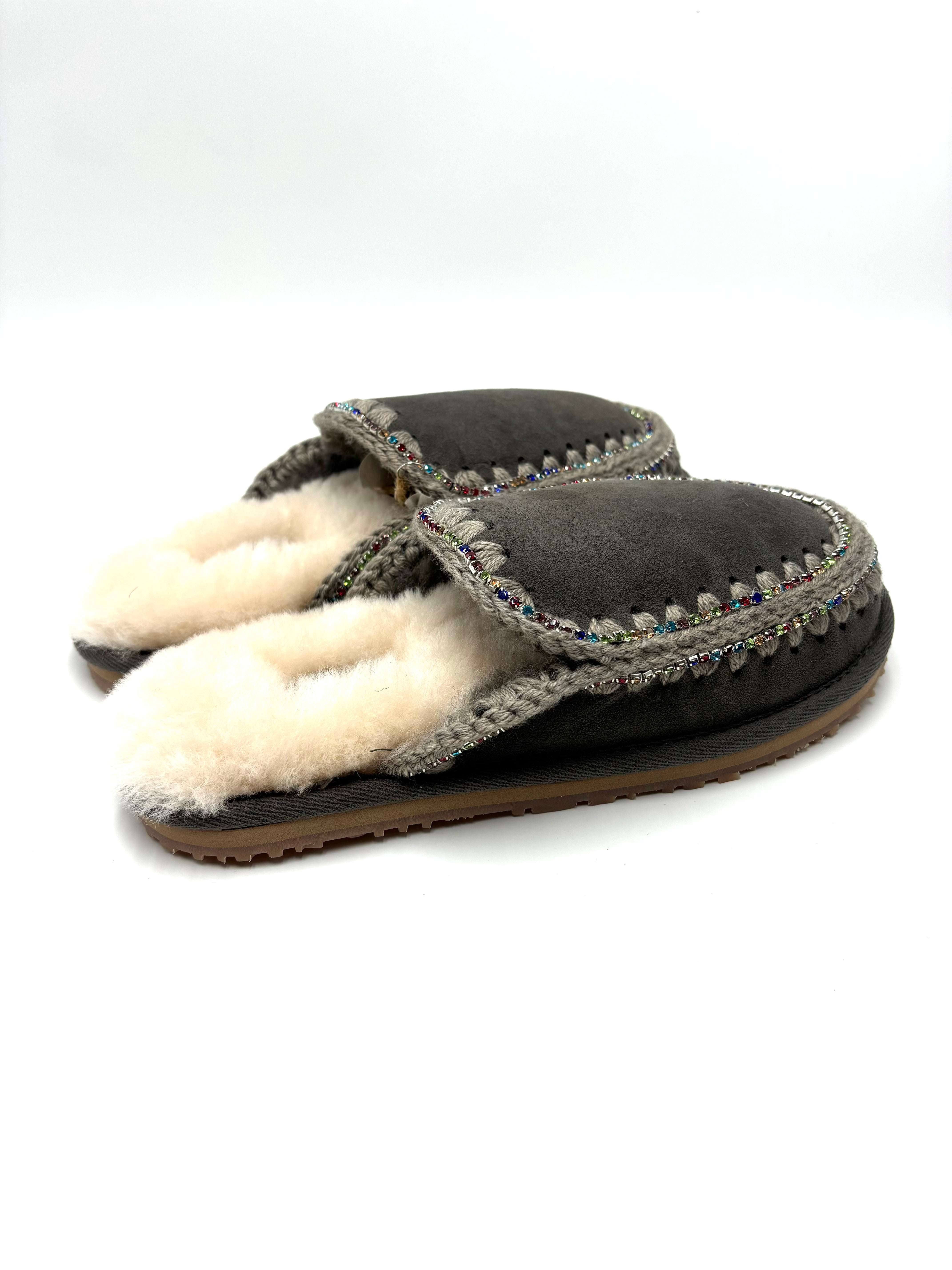 MOU SUEDE ESKIMO SLIPPER RHINESTONES CHA GRIGIO