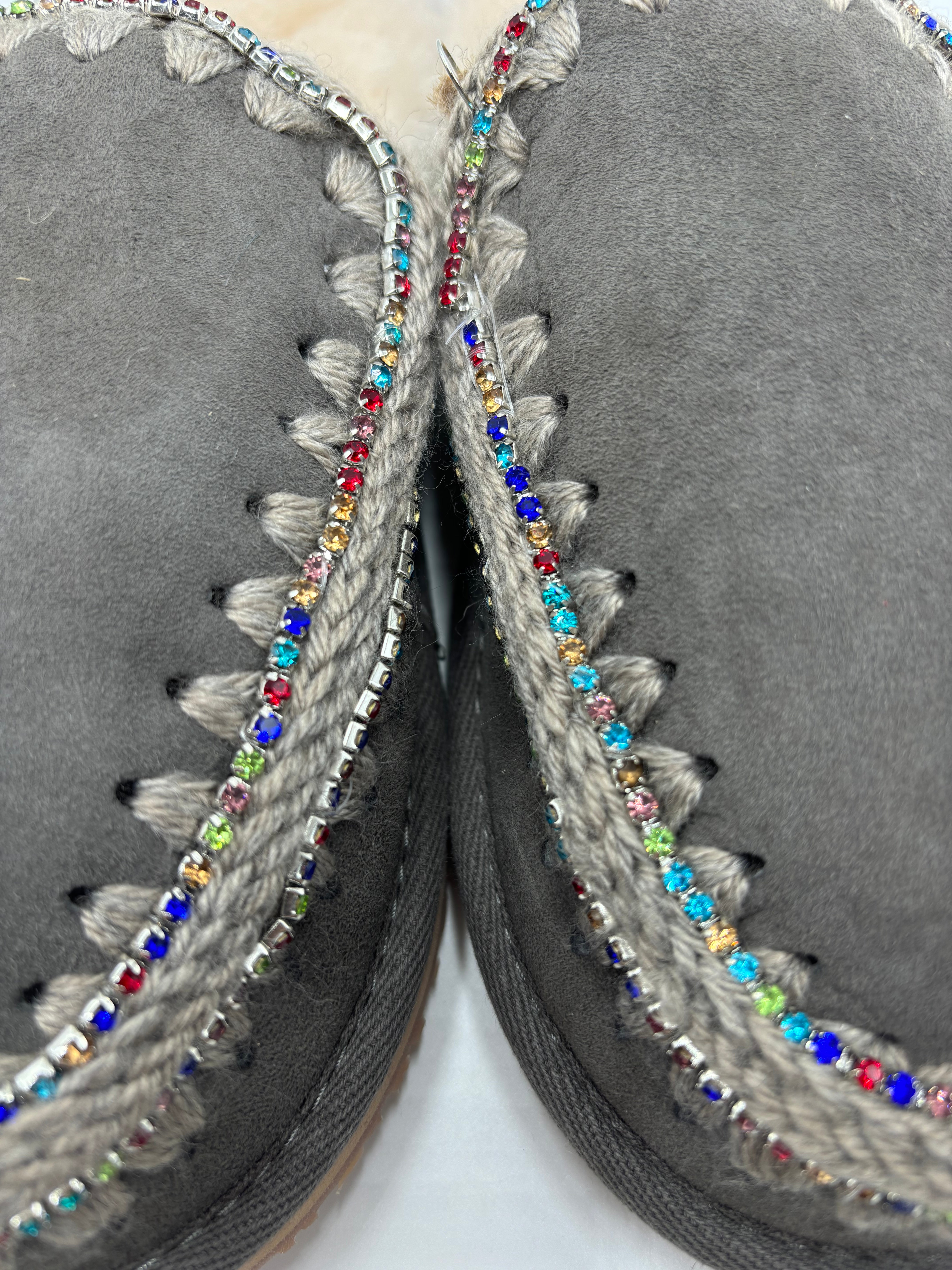 MOU SUEDE ESKIMO SLIPPER RHINESTONES CHA GRIGIO