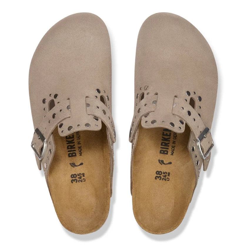 BIRKENSTOCK BOSTON RIVET BORDER SUEDE TAUPE