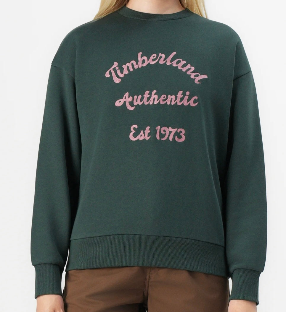 TIMBERLAND FELPA DONNA GIRO COLLO BRUSHED BACK CHEST GRAPHIC CREW SWEATSHI GREEN GABLES