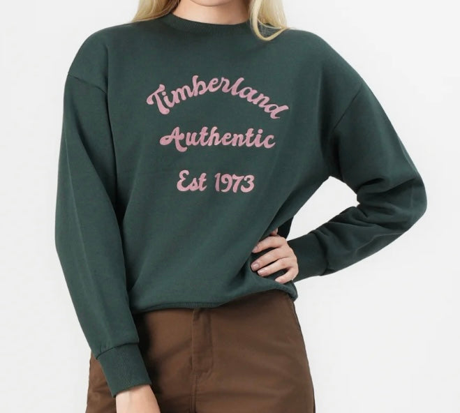 TIMBERLAND FELPA DONNA GIRO COLLO BRUSHED BACK CHEST GRAPHIC CREW SWEATSHI GREEN GABLES