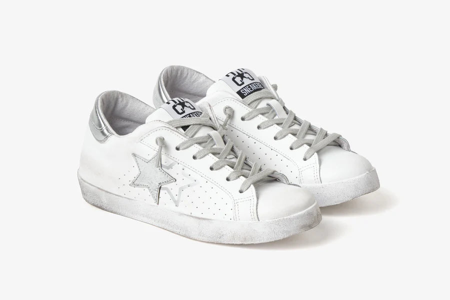 2STAR SNEAKER PRIME STAR IN PELLE EFFETTO USED WHITE SILVER