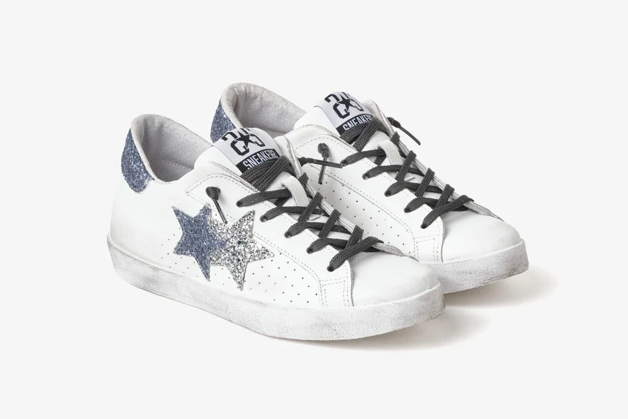 2STAR SNEAKER PRIME STAR IN PELLE EFFETTO USED WHITE BLU