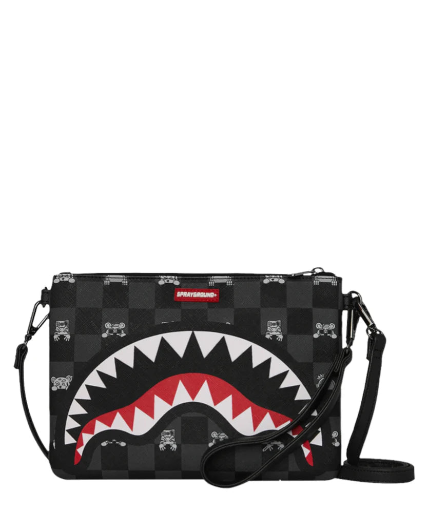 Sprayground POCHETTE GRAY PEEKING CHARACTER CHECK CROSSOVER CLUTCH