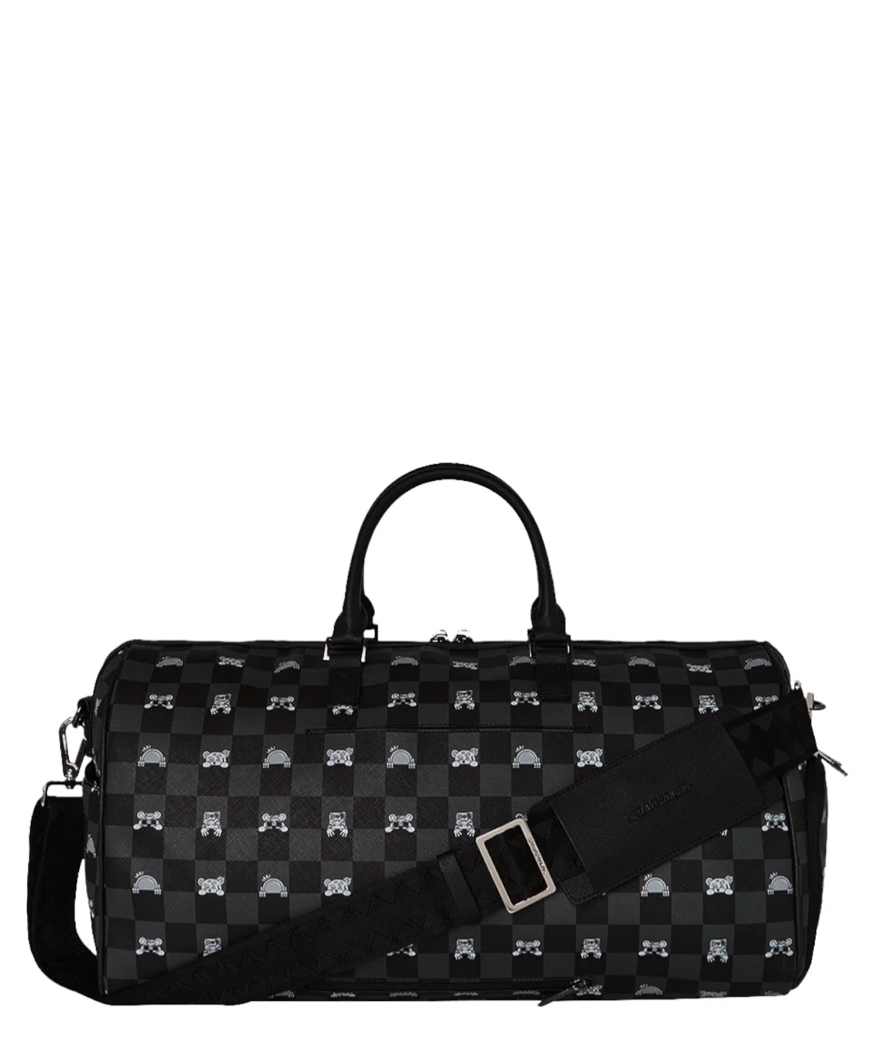SPRAYGROUND BORSONE GRAY PEEKING CHARACTER CHECK DUFFLE