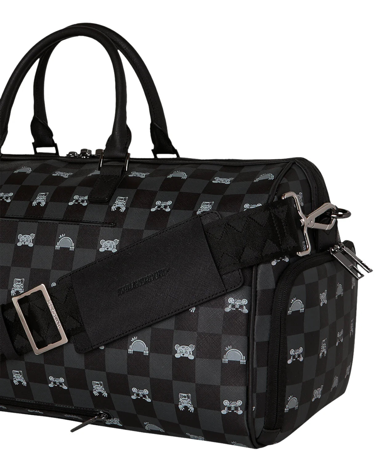 SPRAYGROUND BORSONE GRAY PEEKING CHARACTER CHECK DUFFLE