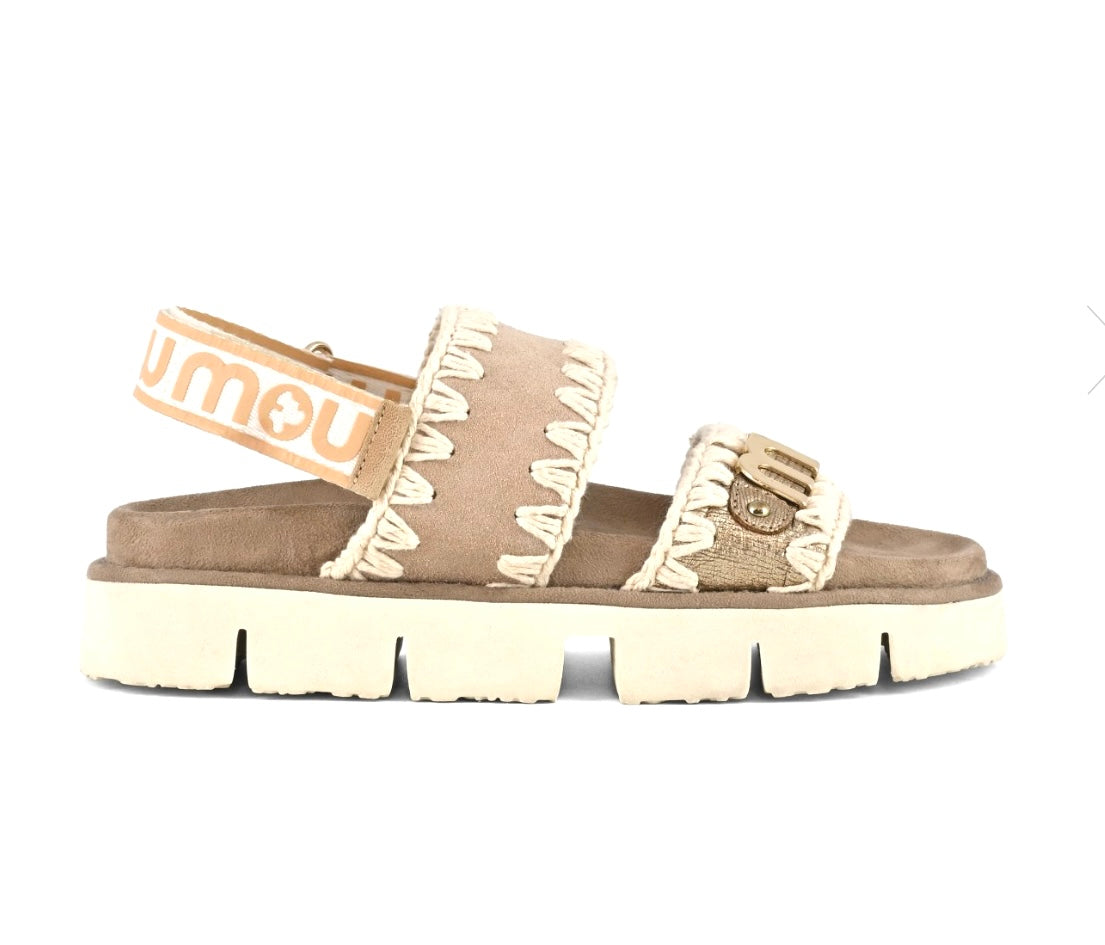 MOU SANDALO SUEDE LEATHER LOGO METALLIC LIZARD GOLD