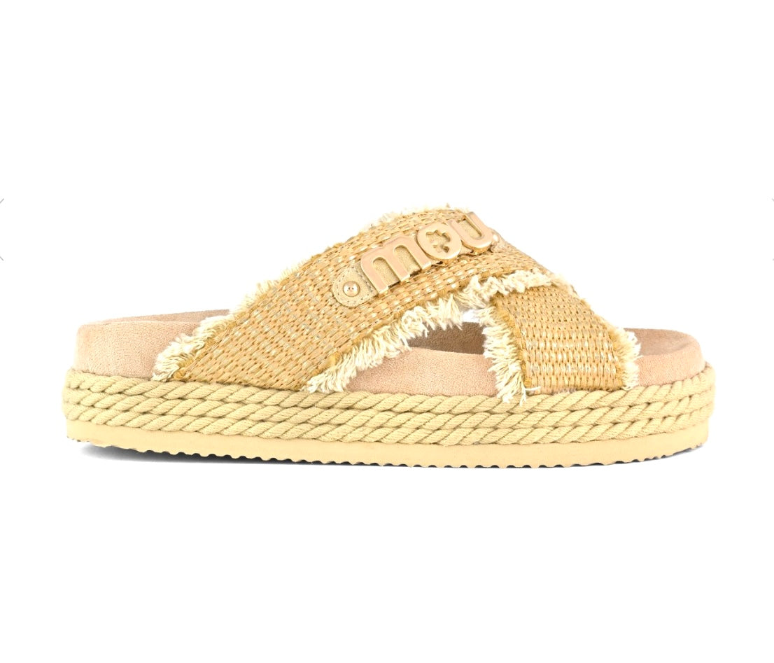 MOU CIABATTONE CRISS CROSS ROPE RAFFIA SANDAL METAL NATURAL
